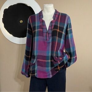 Natural Life Blue Purple Plaid Velvet Tunic | Women’s Medium | Soft Stretch V-Ne